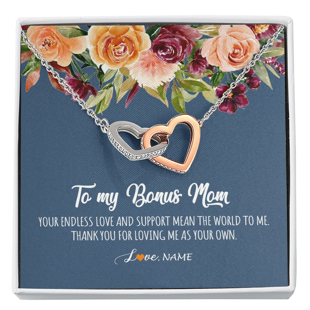 Interlocking Hearts Necklace | Personalized To My Bonus Mom Necklace Your Endless Love and Support Stepmother Stepmom Jewelry Birthday Mothers Day Christmas Customized Gift Box Message Card | siriusteestore