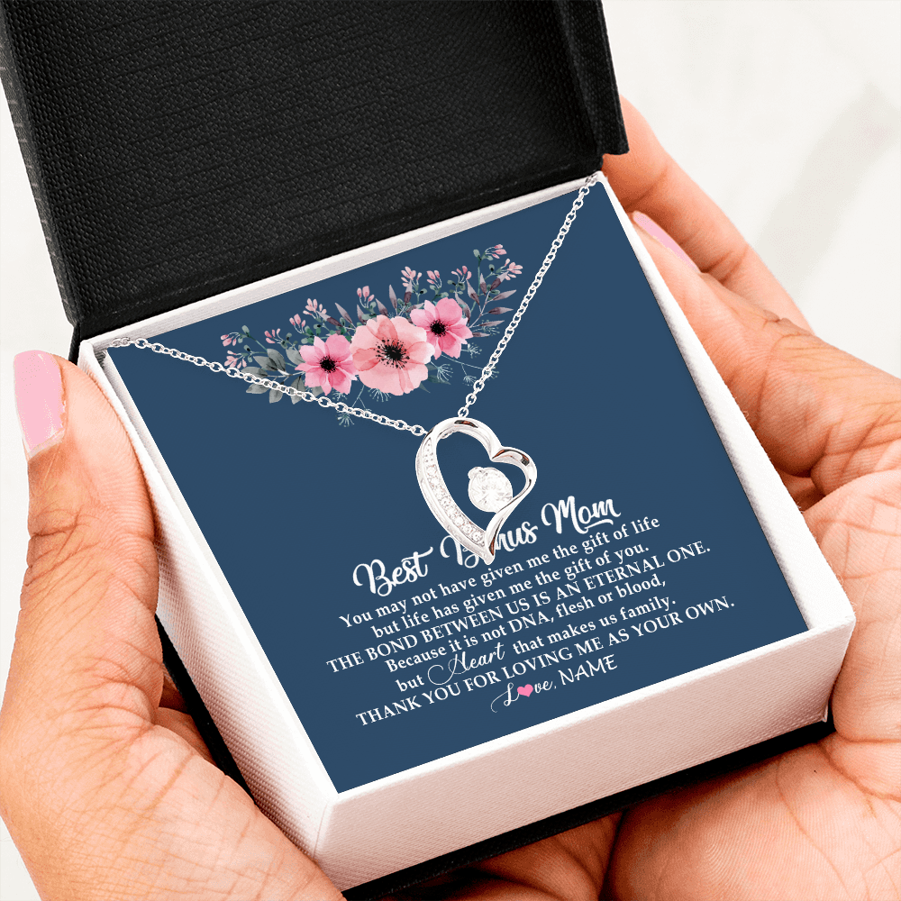 Forever Love Necklace | Personalized To My Bonus Mom Necklace from Daughter Thank You For Loving Me Bonus Mom Jewelry Birthday Mothers Day Christmas Customized Message Card | siriusteestore