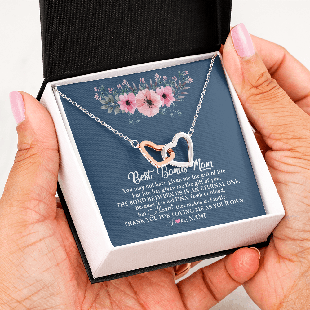 Interlocking Hearts Necklace | Personalized To My Bonus Mom Necklace from Daughter Thank You For Loving Me Bonus Mom Jewelry Birthday Mothers Day Christmas Customized Message Card | siriusteestore