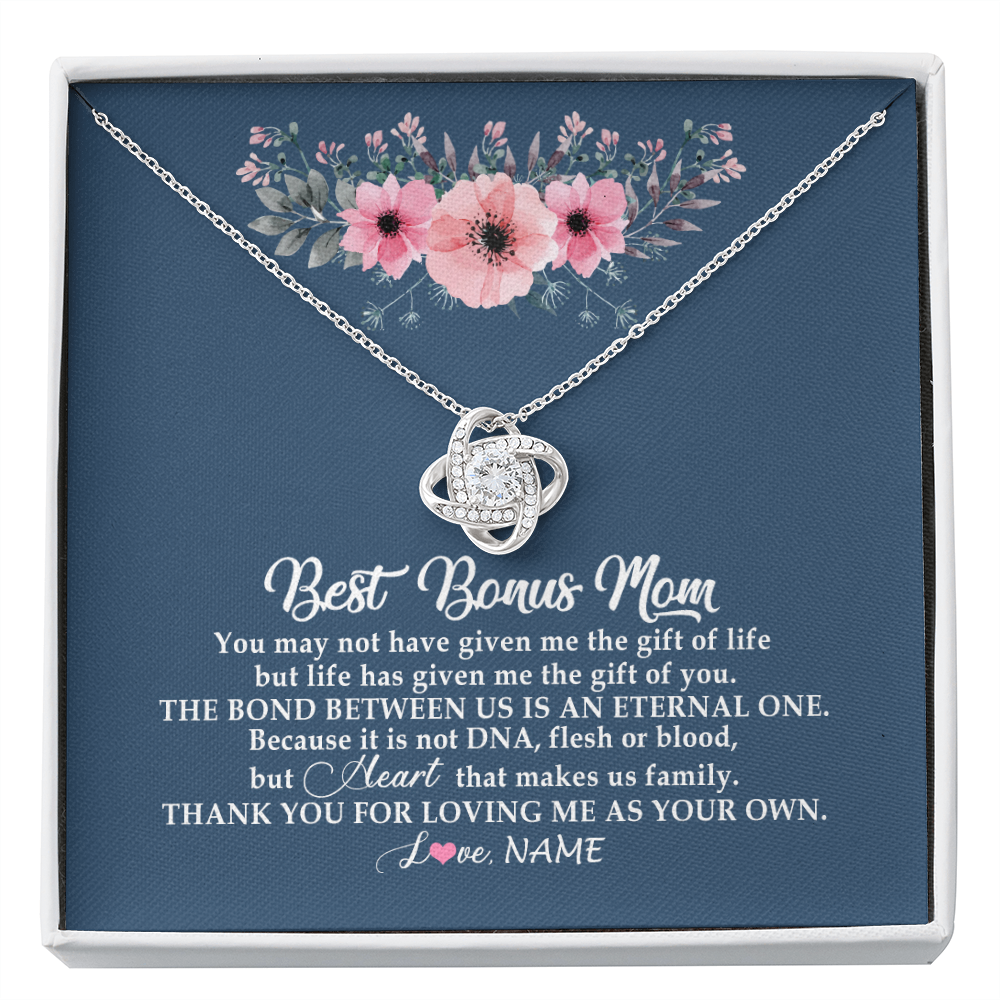 Love Knot Necklace | Personalized To My Bonus Mom Necklace from Daughter Thank You For Loving Me Bonus Mom Jewelry Birthday Mothers Day Christmas Customized Message Card | siriusteestore