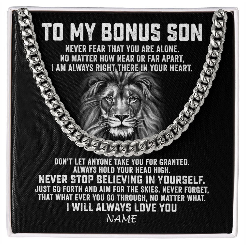 Cuban Link Chain Necklace | Personalized To My Bonus Son Cuban Necklace From Stepmom Stepdad Never Fear That You Are Alone Lion Stepson Birthday Christmas Customized Gift Box Message Card | siriusteestore
