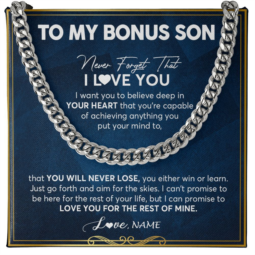 Cuban Link Chain Necklace | Personalized To My Bonus Son Cuban Necklace From Stepmom Stepdad Never Forget That I Love You Stepson Birthday Christmas Customized Gift Box Message Card | siriusteestore