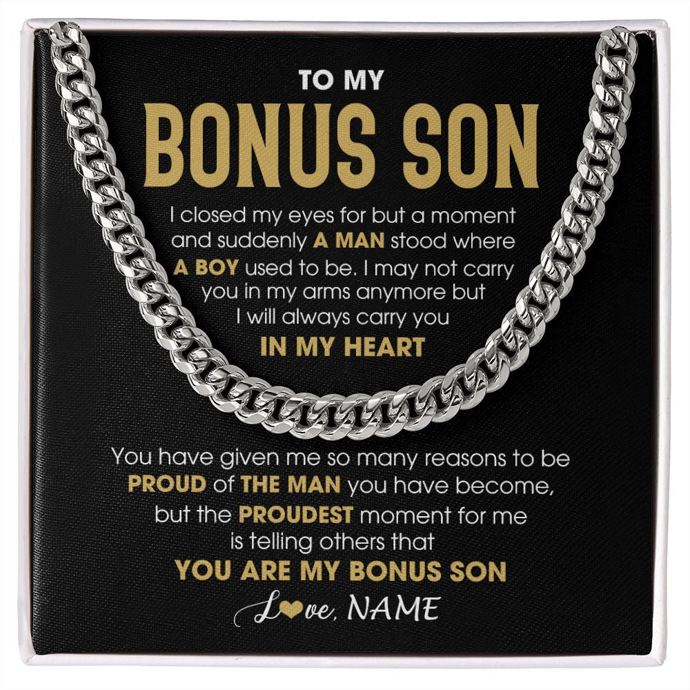 Cuban Link Chain Necklace | Personalized To My Bonus Son Cuban Necklace From Stepmom Stepdad Proud Of The Man Stepson Birthday Graduation Christmas Customized Gift Box Message Card | siriusteestore