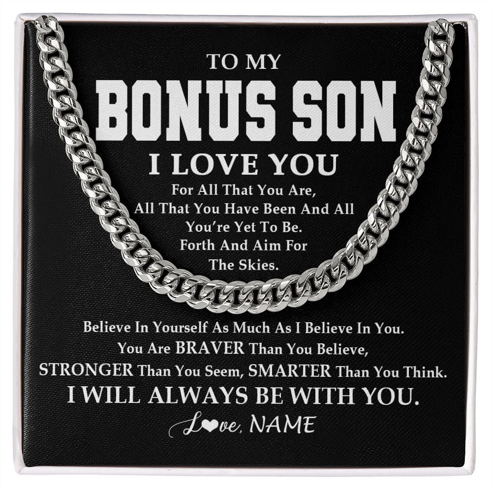 Cuban Link Chain Necklace | Personalized To My Bonus Son Necklace Cuban From Stepmom Stepdad Believe In Yourself Stepson Birthday Christmas Customized Gift Box Message Card | siriusteestore