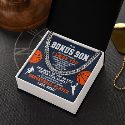 Cuban Link Chain Necklace | Personalized To My Bonus Son Necklace From Step Mom Stepdad Never Forget I Love You Basketball Stepson Birthday Christmas Customized Gift Box Message Card | siriusteestore