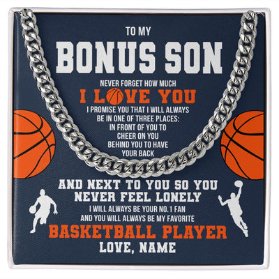 Cuban Link Chain Necklace | Personalized To My Bonus Son Necklace From Step Mom Stepdad Never Forget I Love You Basketball Stepson Birthday Christmas Customized Gift Box Message Card | siriusteestore
