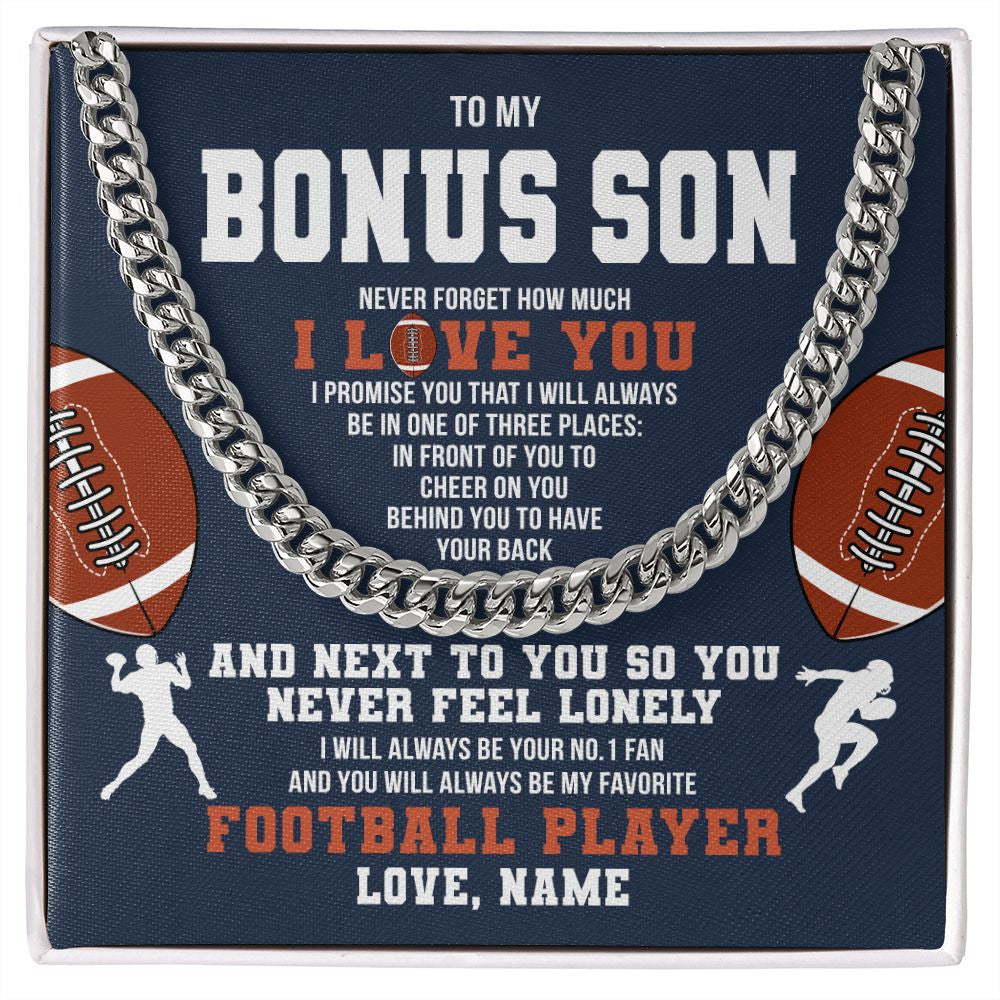 Cuban Link Chain Necklace | Personalized To My Bonus Son Necklace From Step Mom Stepdad Never Forget I Love You Football Stepson Birthday Christmas Customized Gift Box Message Card | siriusteestore