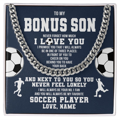 Cuban Link Chain Necklace | Personalized To My Bonus Son Necklace From Step Mom Stepdad Never Forget I Love You Soccer Stepson Birthday Christmas Customized Gift Box Message Card | siriusteestore
