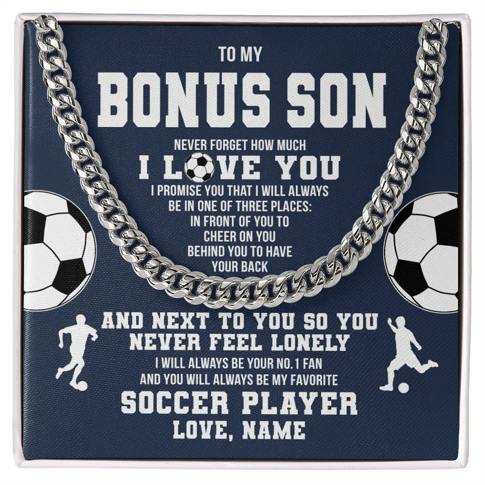 Cuban Link Chain Necklace | Personalized To My Bonus Son Necklace From Step Mom Stepdad Never Forget I Love You Soccer Stepson Birthday Christmas Customized Gift Box Message Card | siriusteestore