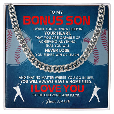 Cuban Link Chain Necklace | Personalized To My Bonus Son Necklace From Step Mom Stepdad Never Lose Baseball Step Son Birthday Graduation Christmas Customized Gift Box Message Card | siriusteestore