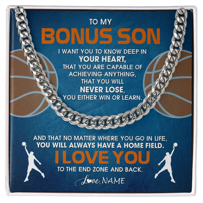 Cuban Link Chain Necklace | Personalized To My Bonus Son Necklace From Step Mom Stepdad Never Lose Basketball Step Son Birthday Graduation Christmas Customized Gift Box Message Card | siriusteestore
