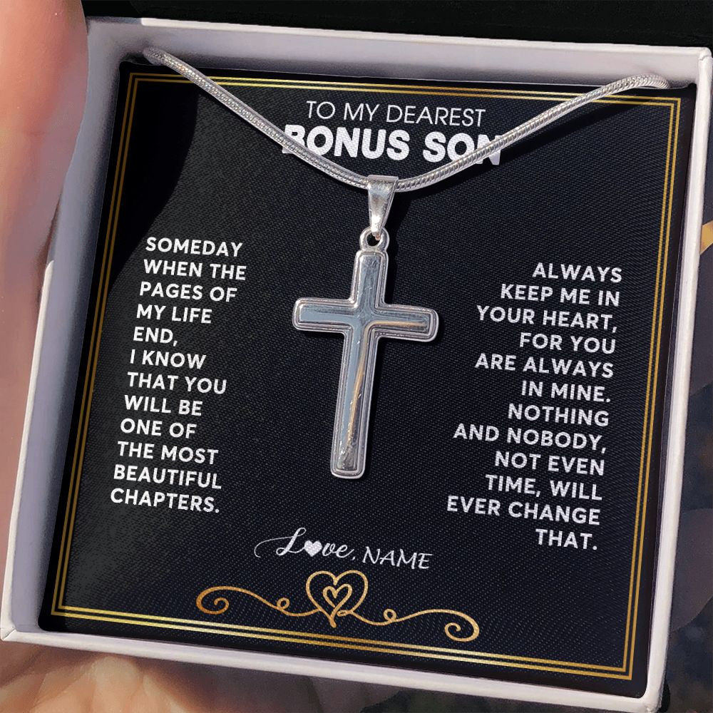 Stainless Cross Necklace | Personalized To My Bonus Son Necklace From Step Mother When The Pages Of My Life End Stepson Birthday Christmas Customized Gift Box Message Card | siriusteestore