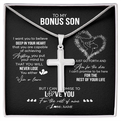 Stainless Cross Necklace | Personalized To My Bonus Son Necklace From Stepdad Promise To Love You Stepson Birthday Graduation Christmas Pendant Customized Gift Box Message Card | siriusteestore