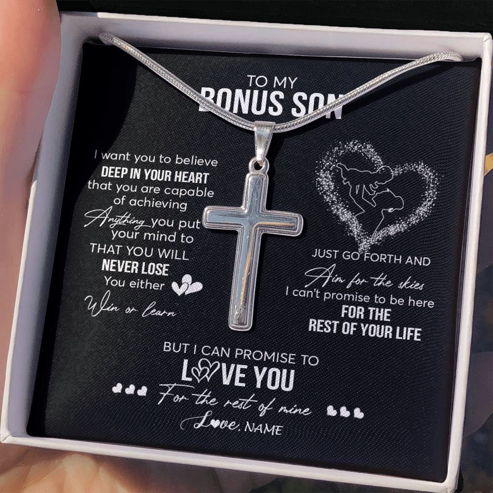 Stainless Cross Necklace | Personalized To My Bonus Son Necklace From Stepdad Promise To Love You Stepson Birthday Graduation Christmas Pendant Customized Gift Box Message Card | siriusteestore