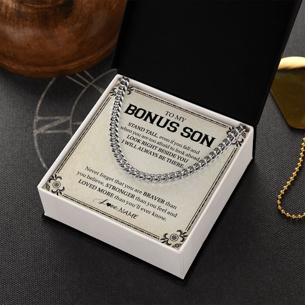 Cuban Link Chain Necklace | Personalized To My Bonus Son Necklace From Stepmom Never Forget That You Are Braver Stepson Birthday Graduation Christmas Customized Gift Box Message Card | siriusteestore