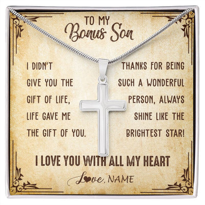 Stainless Cross Necklace | Personalized To My Bonus Son Necklace From Stepmom Stepdad I Love You With All My Heart Stepson Birthday Christmas Graduation Customized Gift Box Message Card | siriusteestore