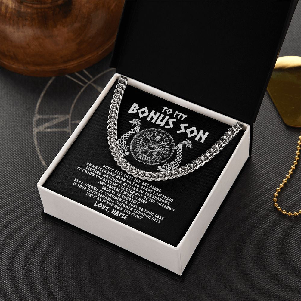 Cuban Link Chain Necklace | Personalized To My Bonus Son Necklace Viking Never Feel You Are Alone Odin Scandinavian Norse Runes Stepson Birthday Christmas Customized Gift Box Message Card | siriusteestore