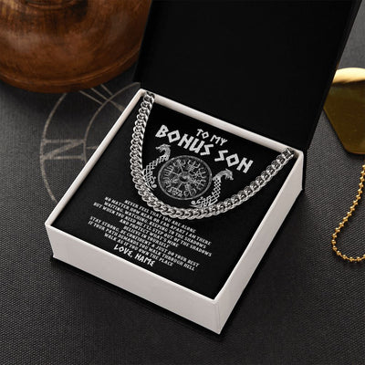Cuban Link Chain Necklace | Personalized To My Bonus Son Necklace Viking Never Feel You Are Alone Odin Scandinavian Norse Runes Stepson Birthday Christmas Customized Gift Box Message Card | siriusteestore