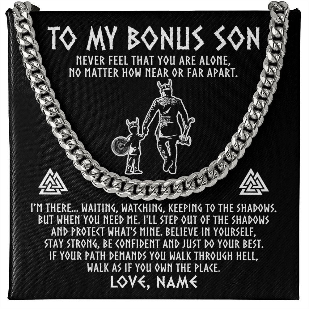 Cuban Link Chain Necklace | Personalized To My Bonus Son Necklace Viking Never Feel You Are Alone Scandinavian Runes Viking Stepson Birthday Christmas Customized Gift Box Message Card | siriusteestore
