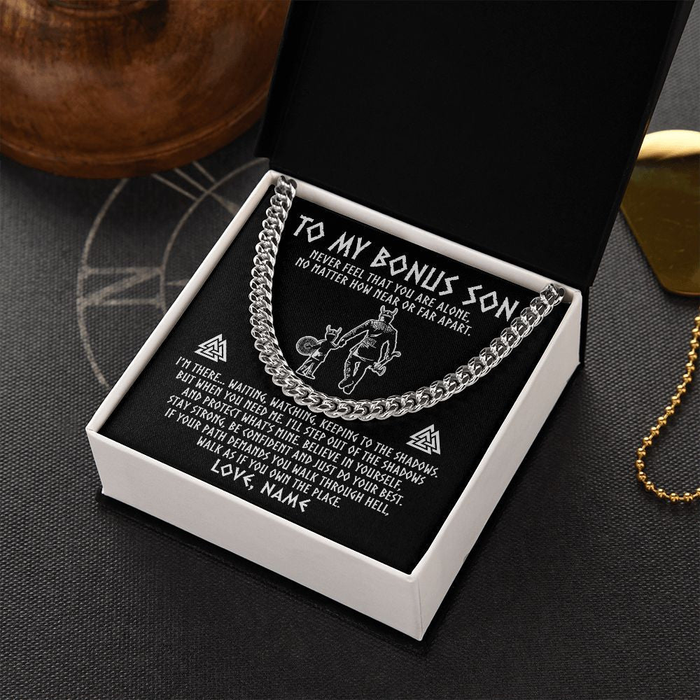 Cuban Link Chain Necklace | Personalized To My Bonus Son Necklace Viking Never Feel You Are Alone Scandinavian Runes Viking Stepson Birthday Christmas Customized Gift Box Message Card | siriusteestore