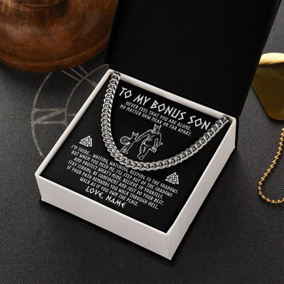 Cuban Link Chain Necklace | Personalized To My Bonus Son Necklace Viking Never Feel You Are Alone Scandinavian Runes Viking Stepson Birthday Christmas Customized Gift Box Message Card | siriusteestore