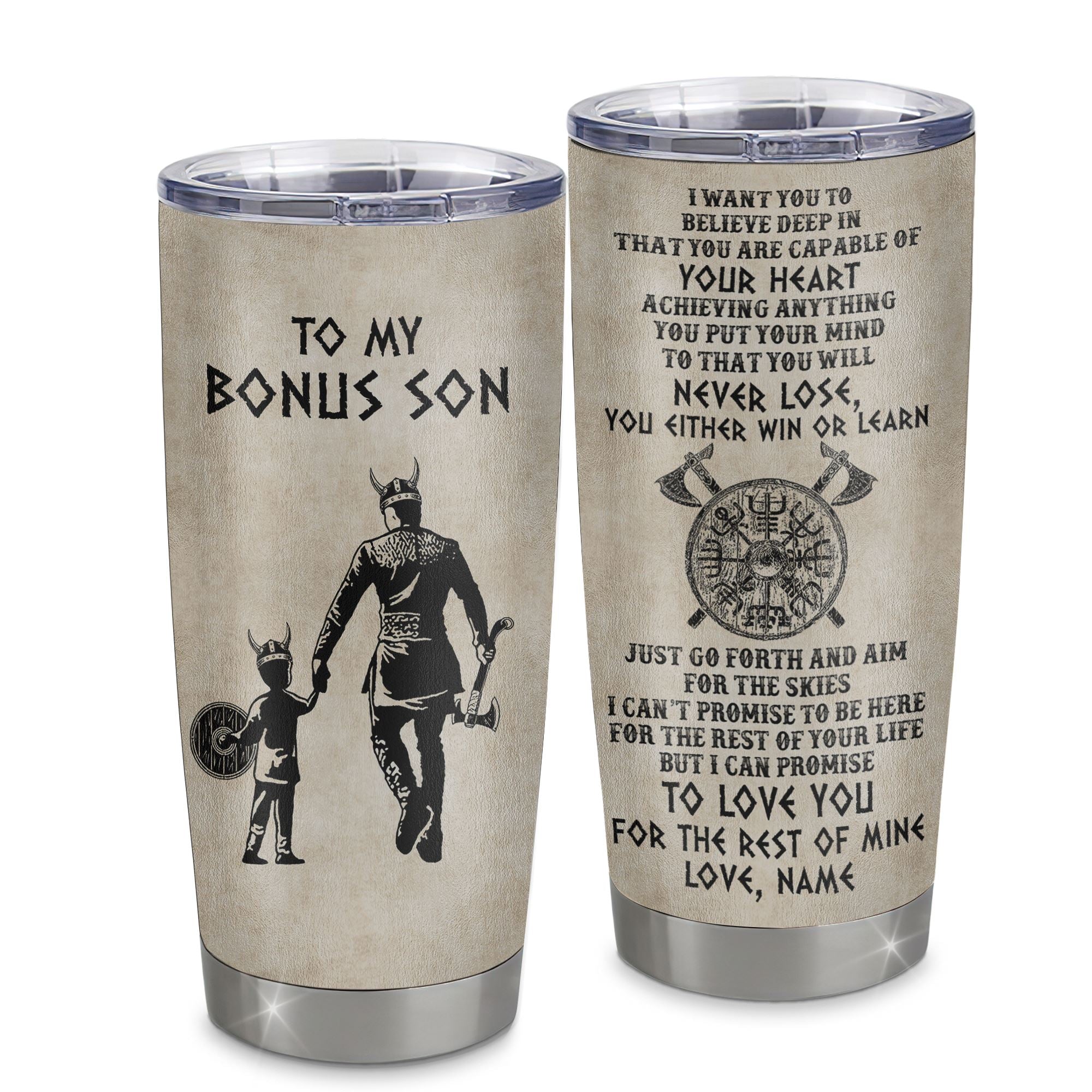 Personalized To My Bonus Son Tumbler From Step Dad Stainless Steel Cup You Will Never Lose Viking Stepson Birthday Graduation Christmas Travel Mug | siriusteestore