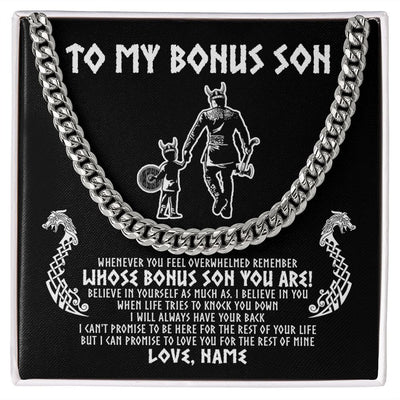 Cuban Link Chain Necklace | Personalized To My Bonus Son Viking Necklace From Step Dad Whenever You Feel Overwhelmed Stepson Birthday Christmas Customized Gift Box Message Card | siriusteestore