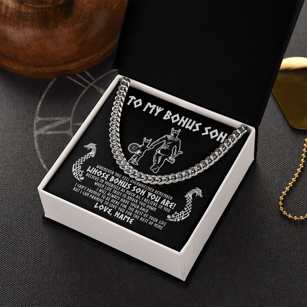 Cuban Link Chain Necklace | Personalized To My Bonus Son Viking Necklace From Step Dad Whenever You Feel Overwhelmed Stepson Birthday Christmas Customized Gift Box Message Card | siriusteestore
