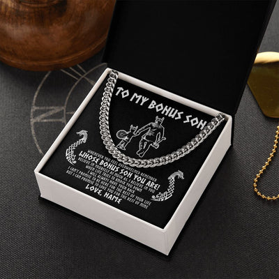 Cuban Link Chain Necklace | Personalized To My Bonus Son Viking Necklace From Step Dad Whenever You Feel Overwhelmed Stepson Birthday Christmas Customized Gift Box Message Card | siriusteestore