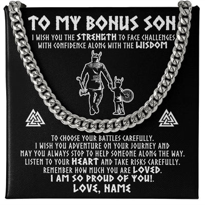 Cuban Link Chain Necklace | Personalized To My Bonus Son Viking Necklace From Stepdad I Am So Proud Of You Runes Viking Stepson Birthday Christmas Customized Gift Box Message Card | siriusteestore