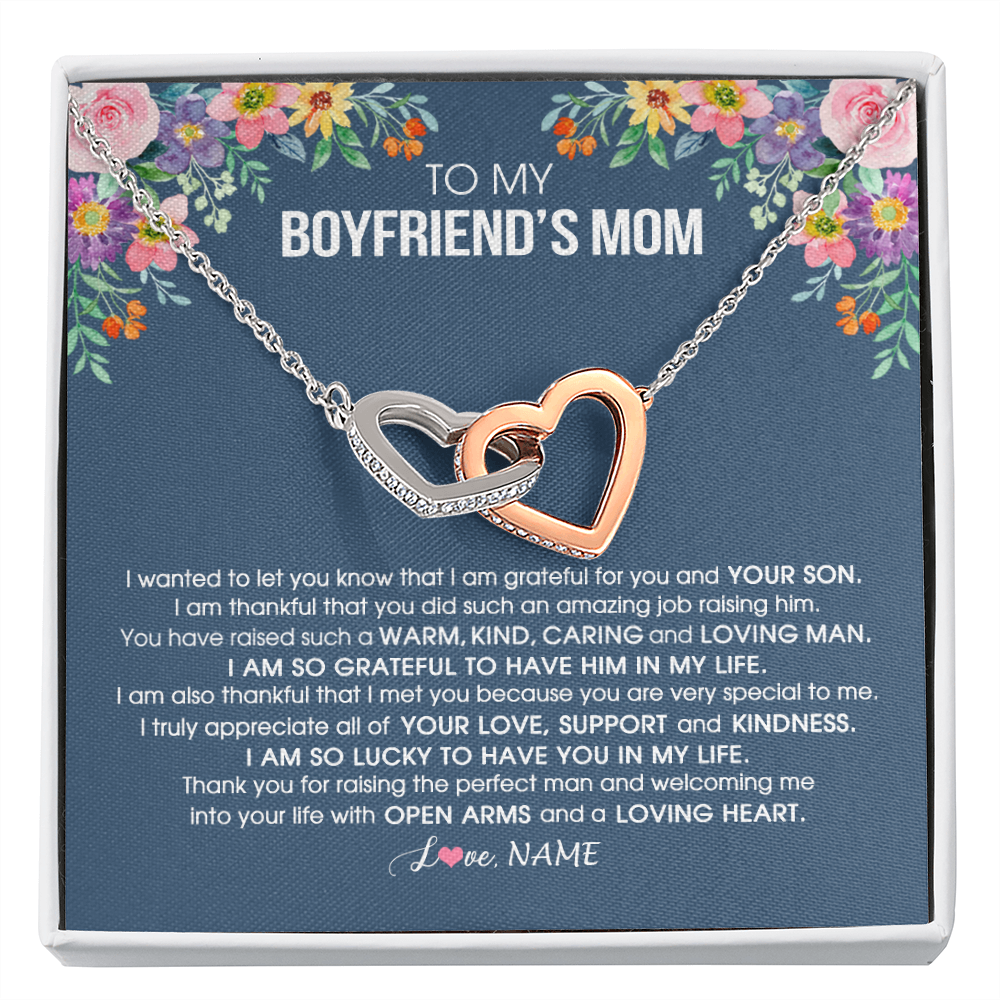 Interlocking Hearts Necklace | Personalized To My Boyfriend's Mom Necklace I am Grateful For You And Your Son Boyfriend's Mom Mother's Day Birthday Jewelry Customized Gift Box Message Card | siriusteestore