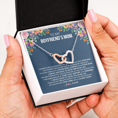 Interlocking Hearts Necklace | Personalized To My Boyfriend's Mom Necklace I am Grateful For You And Your Son Boyfriend's Mom Mother's Day Birthday Jewelry Customized Gift Box Message Card | siriusteestore