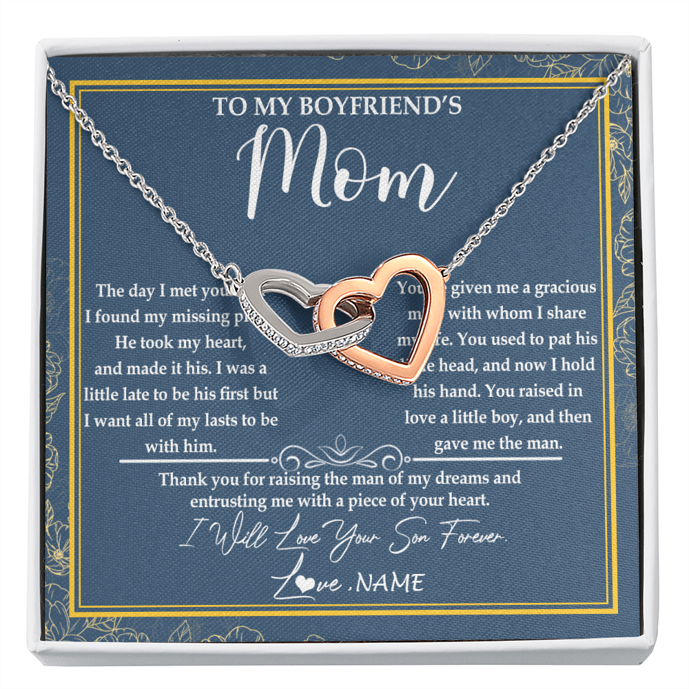Interlocking Hearts Necklace | Personalized To My Boyfriend's Mom Necklace Thank You For Rasing The Man Boyfriends Mom Mother's Day Birthday Pendant Jewelry Customized Gift Box Message Card | siriusteestore