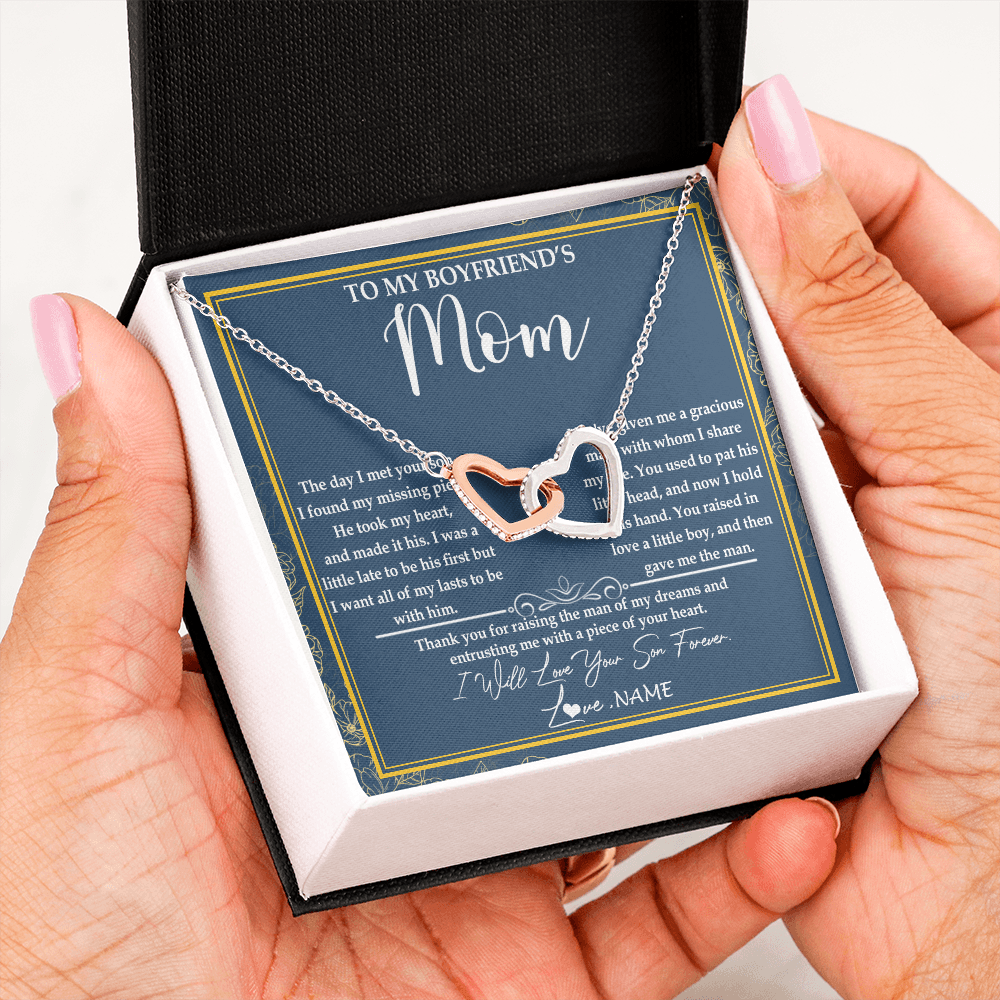 Interlocking Hearts Necklace | Personalized To My Boyfriend's Mom Necklace Thank You For Rasing The Man Boyfriends Mom Mother's Day Birthday Pendant Jewelry Customized Gift Box Message Card | siriusteestore