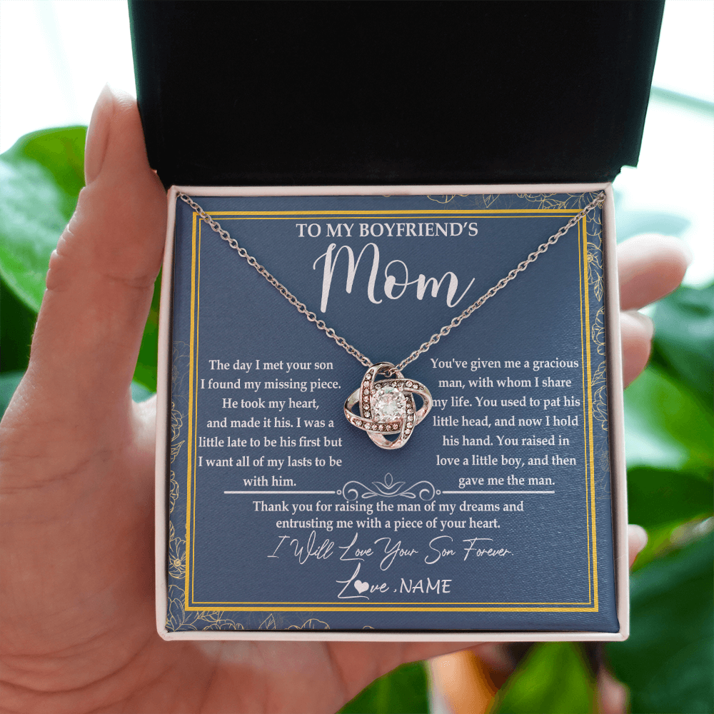 Love Knot Necklace | Personalized To My Boyfriend's Mom Necklace Thank You For Rasing The Man Boyfriends Mom Mother's Day Birthday Pendant Jewelry Customized Gift Box Message Card | siriusteestore