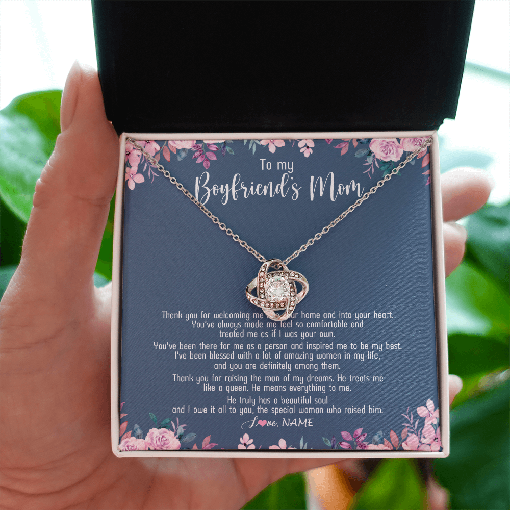 Love Knot Necklace | Personalized To My Boyfriend's Mom Necklace Thank You For Welcoming Me Boyfriends Mom Mother's Day Birthday Pendant Jewelry Customized Gift Box Message Card | siriusteestore