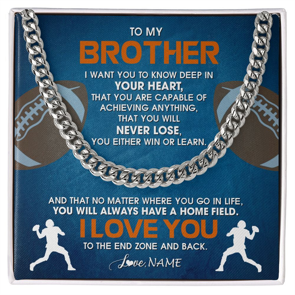 Cuban Link Chain Necklace | Personalized To My Brother Necklace From Sister Never Lose Football Brother Birthday Graduation Christmas Customized Gift Box Message Card | siriusteestore