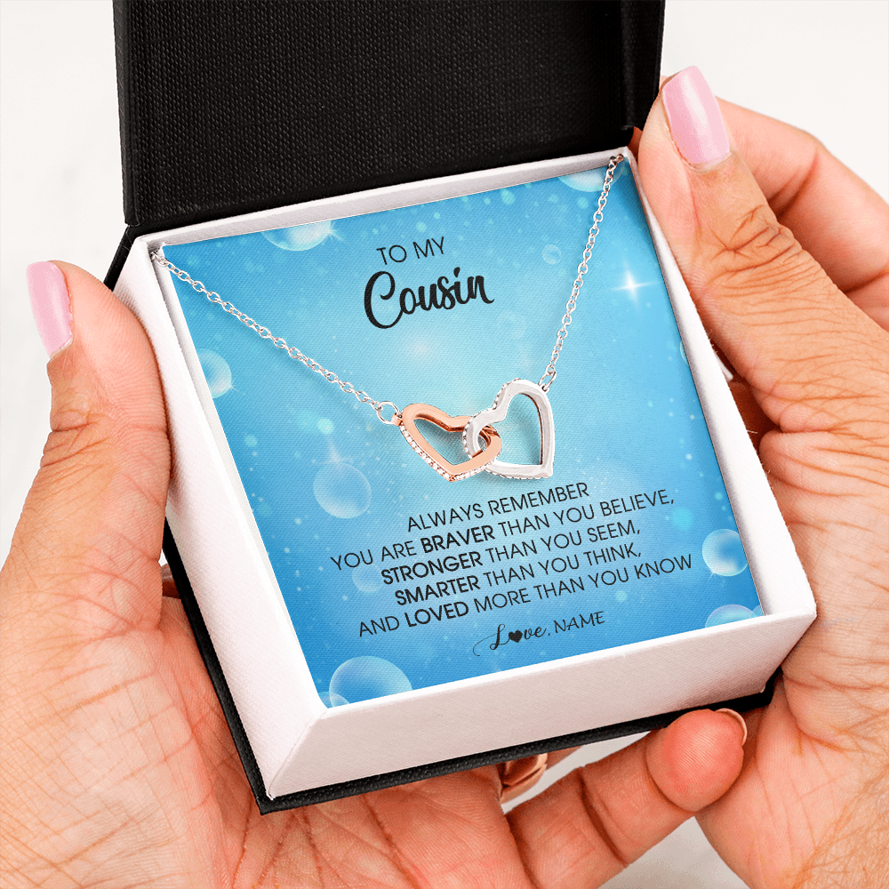 Interlocking Hearts Necklace | Personalized To My Cousin Necklace From Family Always Remember You Are Braver Cousin Pendant Jewelry Birthday Graduation Christmas Customized Message Card | siriusteestore