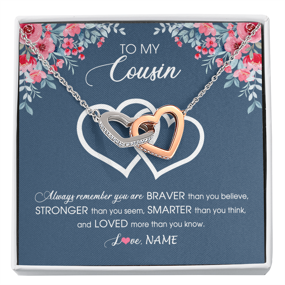 Interlocking Hearts Necklace | Personalized To My Cousin Necklace From Family Braver Stronger Smarter Loved Cousin Pendant Jewelry Birthday Graduation Christmas Customized Message Card | siriusteestore
