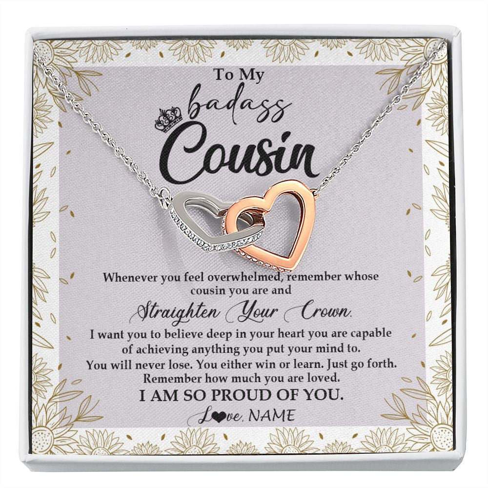 Interlocking Hearts Necklace | Personalized To My Cousin Necklace From Family Straighten Your Crown Cousin Birthday Christmas Graduation Jewelry Customized Gift Box Message Card | siriusteestore