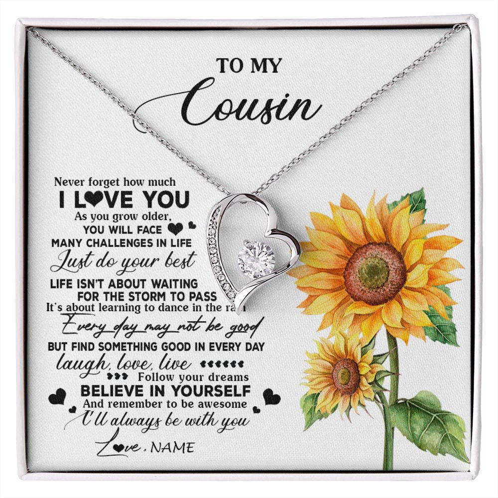 Forever Love Necklace | Personalized To My Cousin Necklace From Family Sunflower Wood Laugh Love Live Cousin Birthday Graduation Christmas Customized Gift Box Message Card | siriusteestore