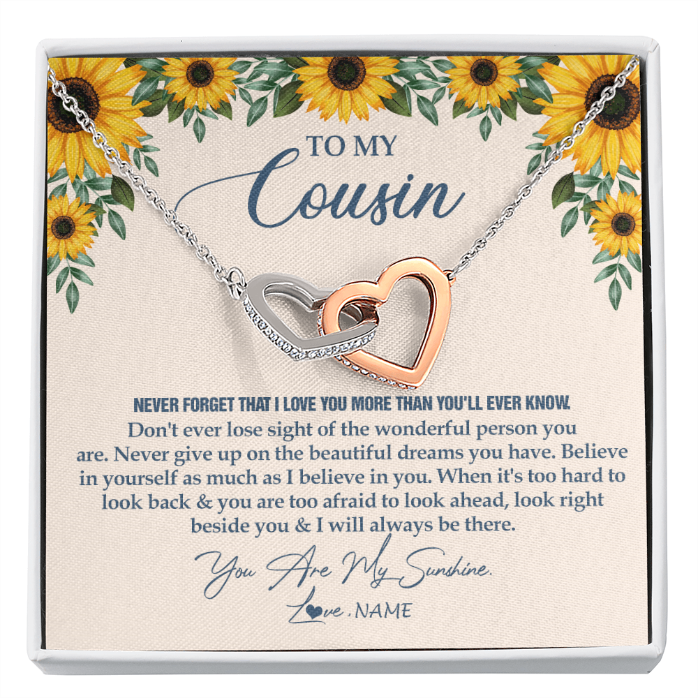 Interlocking Hearts Necklace | Personalized To My Cousin Necklace From Family Sunflower You Are My Sunshine Cousin Jewelry Graduation Birthday Christmas Customized Gift Box Message Card | siriusteestore