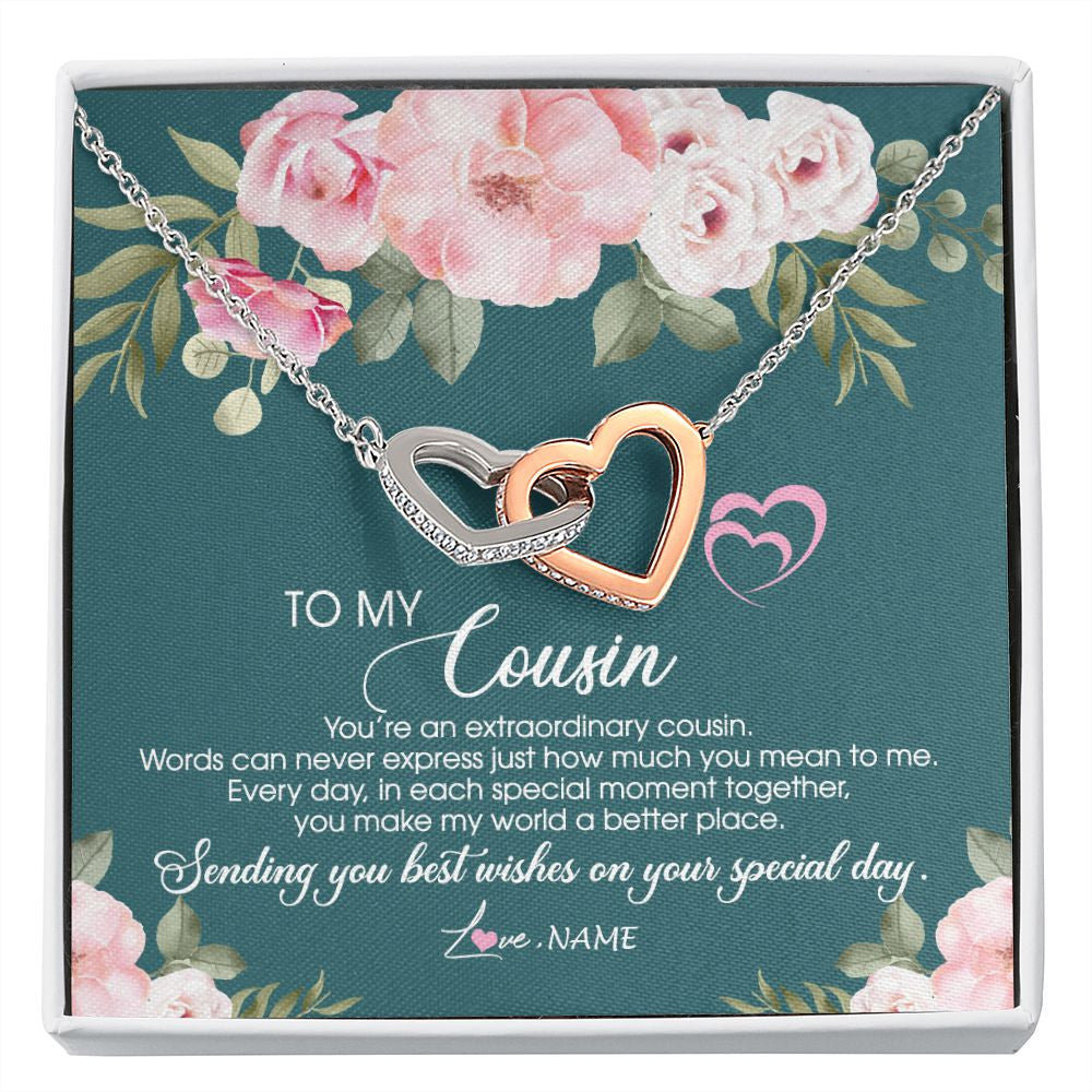 Interlocking Hearts Necklace | Personalized To My Cousin Necklace Jewelry Best Cousin Ever You're An Extraordinary Cousin Women Birthday Graduation Christmas Customized Message Card | siriusteestore