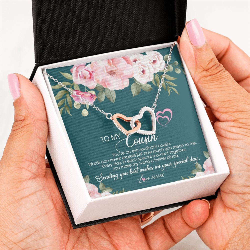 Interlocking Hearts Necklace | Personalized To My Cousin Necklace Jewelry Best Cousin Ever You're An Extraordinary Cousin Women Birthday Graduation Christmas Customized Message Card | siriusteestore