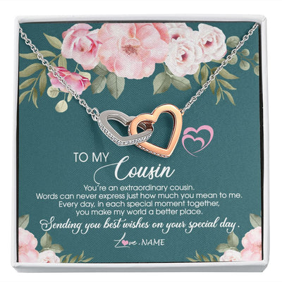 Interlocking Hearts Necklace | Personalized To My Cousin Necklace Jewelry Best Cousin Ever You're An Extraordinary Cousin Women Birthday Graduation Christmas Customized Message Card | siriusteestore