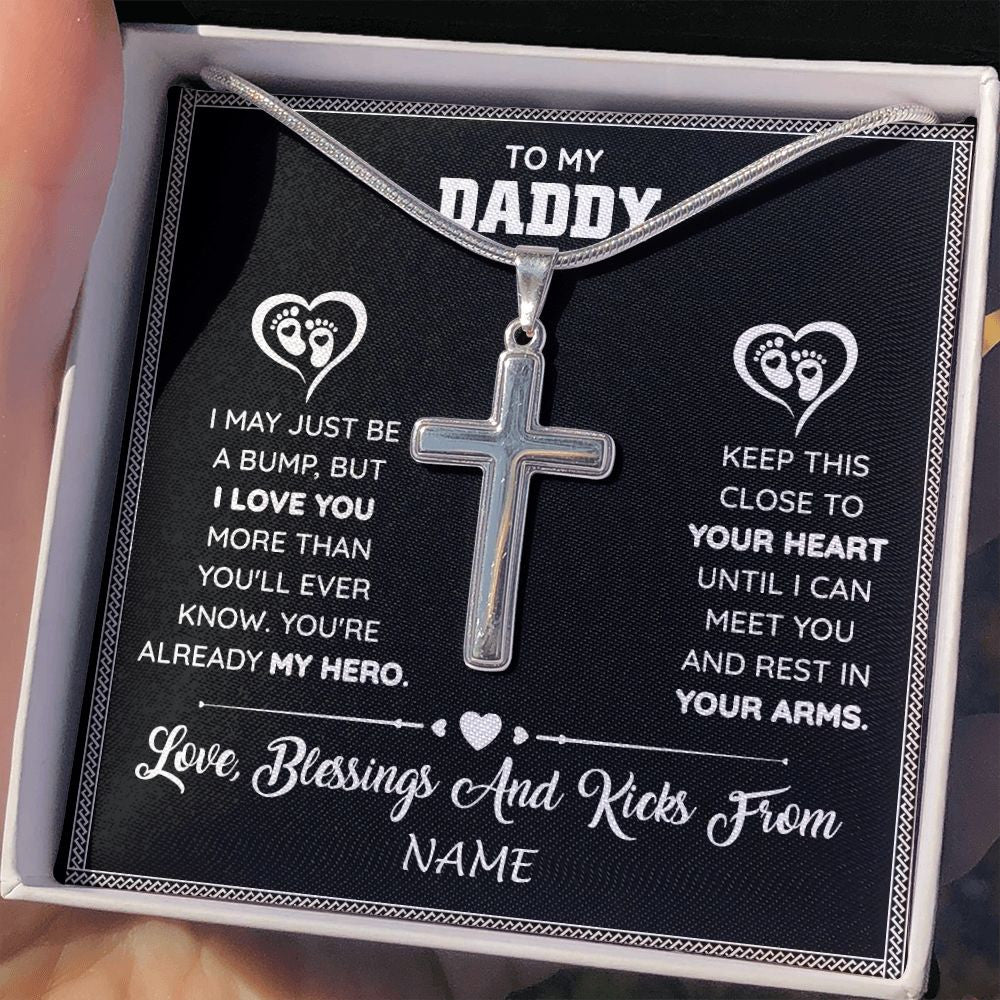 Stainless Cross Necklace | Personalized To My Daddy Necklace Pregnancy Announcement For Dad To Be Baby Shower First Time Parents New Dad Fathers Day Customized Gift Box Message Card | siriusteestore