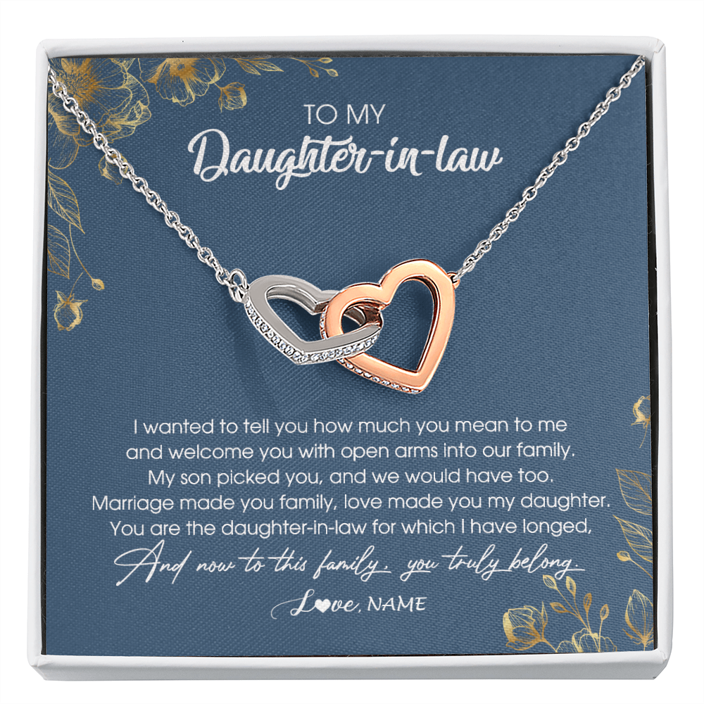 Interlocking Hearts Necklace | Personalized To My Daughter In Law Necklace Welcome Into Our Family Daughter In Law Her Wedding Day Jewelry Birthday Christmas Customized Gift Box Message Card | siriusteestore