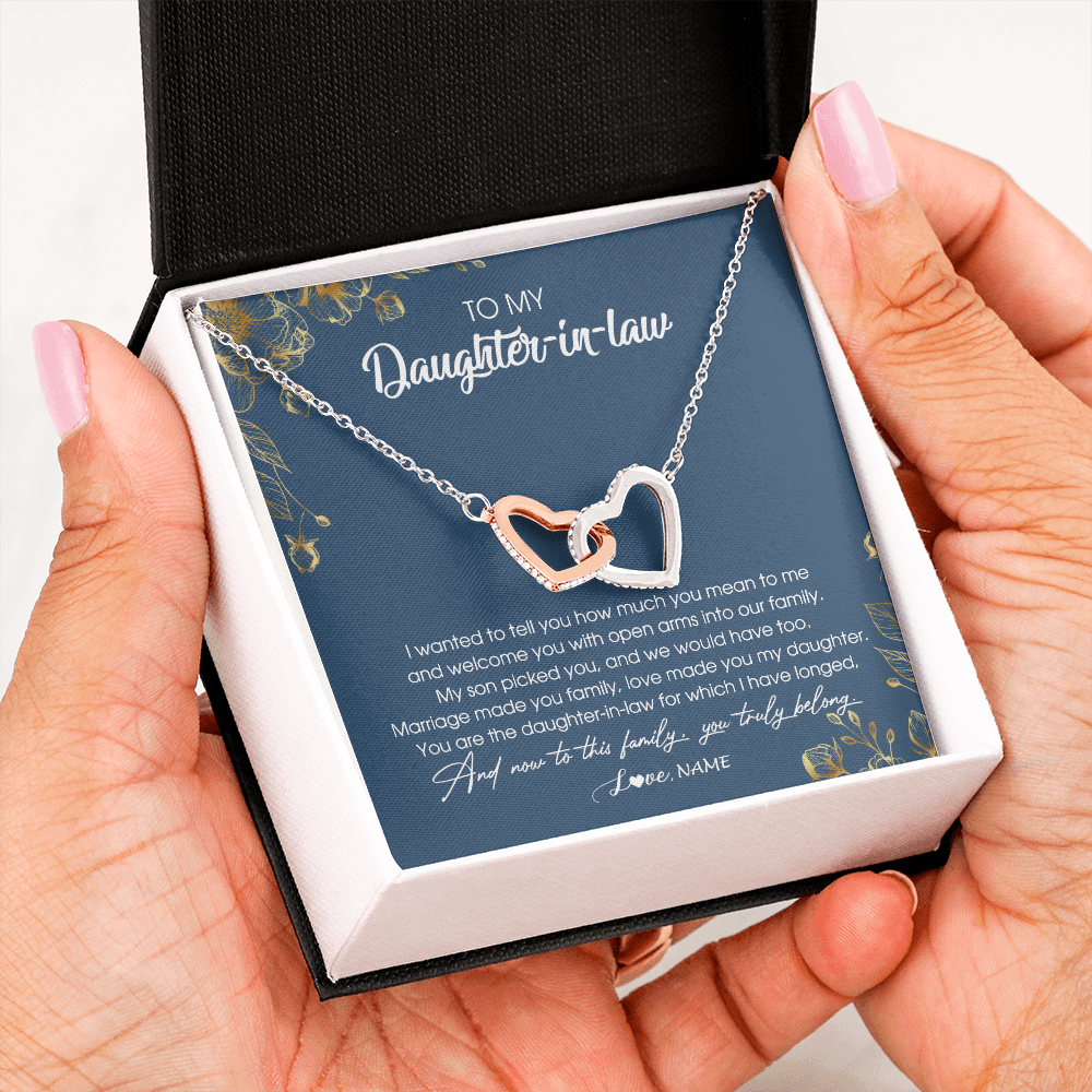 Interlocking Hearts Necklace | Personalized To My Daughter In Law Necklace Welcome Into Our Family Daughter In Law Her Wedding Day Jewelry Birthday Christmas Customized Gift Box Message Card | siriusteestore