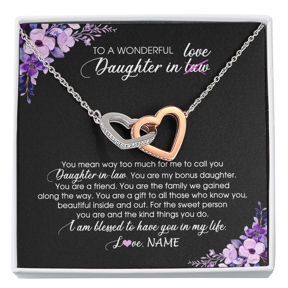Interlocking Hearts Necklace | Personalized To My Daughter In Law Necklace from Mother In Law You Are My Bonus Daughter Jewelry Birthday Wedding Day Christmas Customized Message Card | siriusteestore