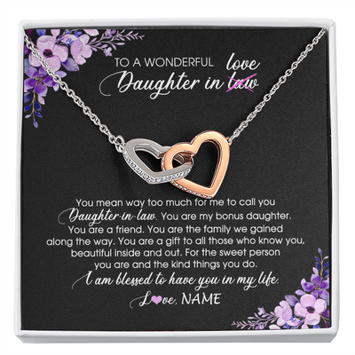 Interlocking Hearts Necklace | Personalized To My Daughter In Law Necklace from Mother In Law You Are My Bonus Daughter Jewelry Birthday Wedding Day Christmas Customized Message Card | siriusteestore